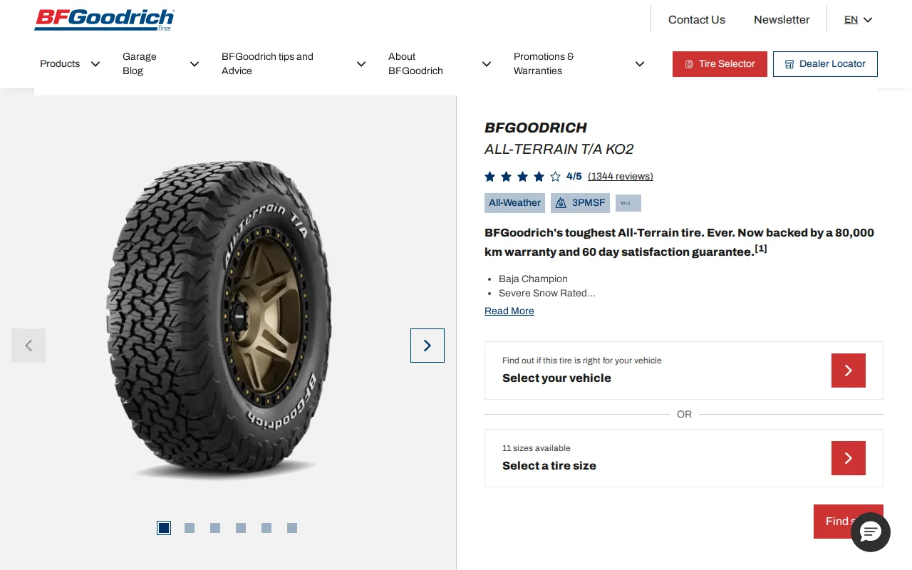 Screenshot of the BFGoodrich All‑Terrain T/A KO2 website