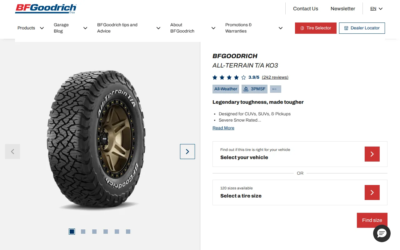 Screenshot of the BFGoodrich All‑Terrain T/A KO3 website