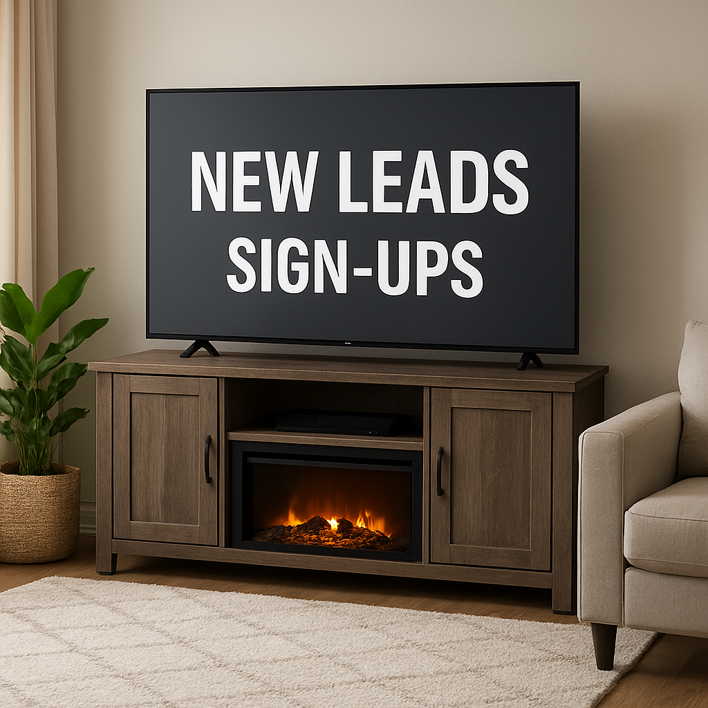 A modern living room featuring a budget‑friendly fireplace TV stand Model E behind a 70‑inch TV, warm flame glow, sleek storage cabinets, cozy rug, and a relaxed sofa. Alt: budget-friendly fireplace TV stand Model E for 70 inch TV