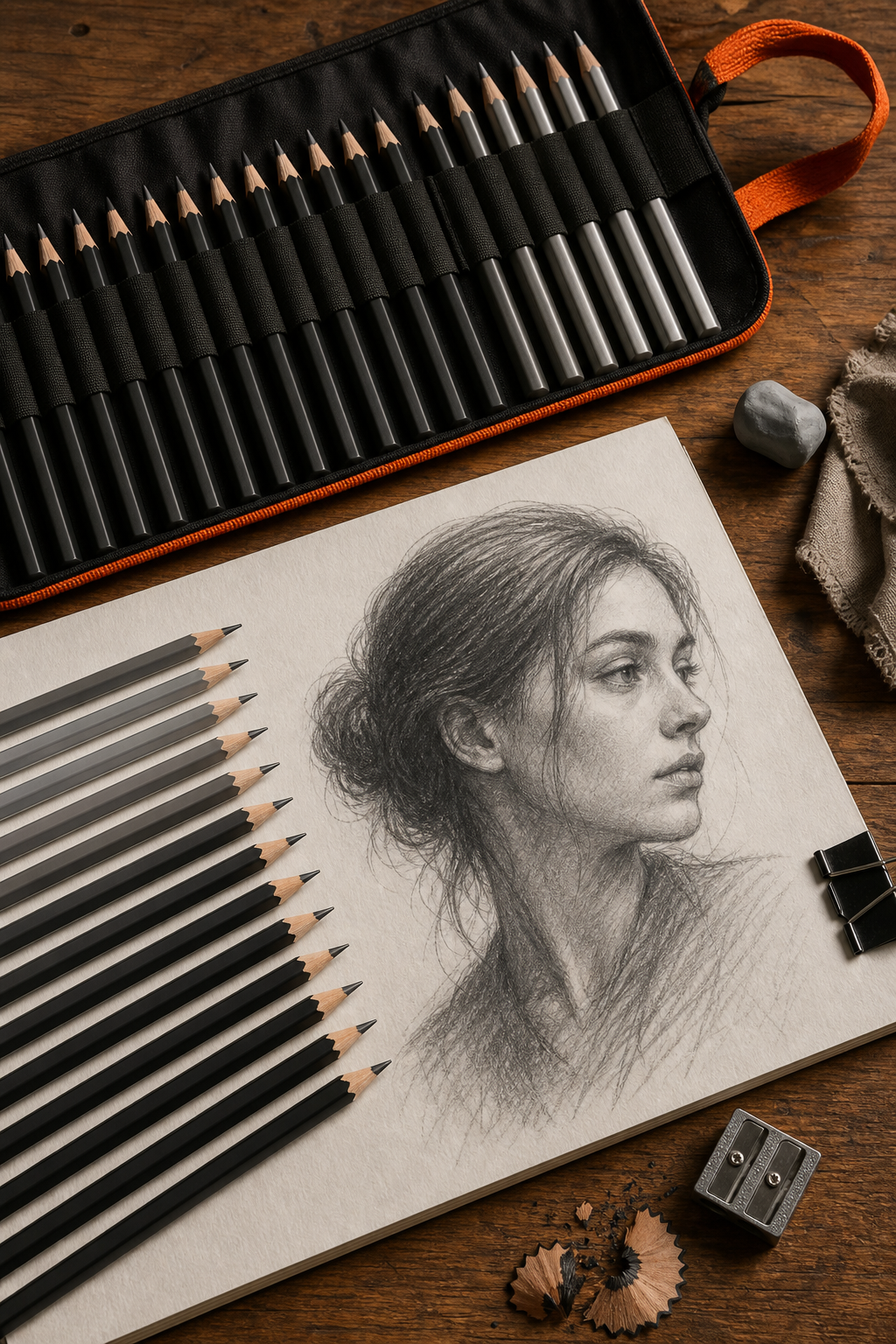 A realistic flat-lay scene on a wooden desk showing a spread of graphite sketching pencils ranging from H to 9B grades arranged in order, with a partially drawn portrait sketch on textured paper nearby, warm studio lighting, brand color accent of #FF6B00 in the pencil case strap. Alt: best value drawing pencils for sketching arranged by hardness grade on a wooden desk.