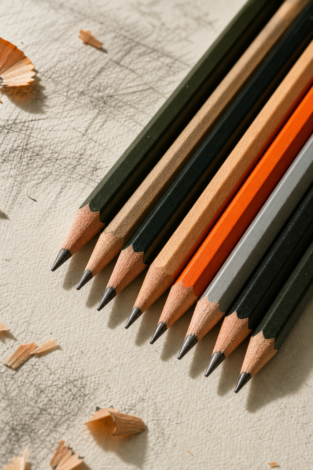 A realistic close-up of several graphite drawing pencils from different Indian art supply brands laid side by side on a textured sketching paper, showing varying wood barrel colors and grade markings, warm natural light from the side. Alt: best value drawing pencil brands for sketching side by side comparison on textured paper.