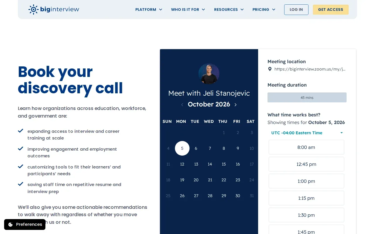 Screenshot of the Big Interview website