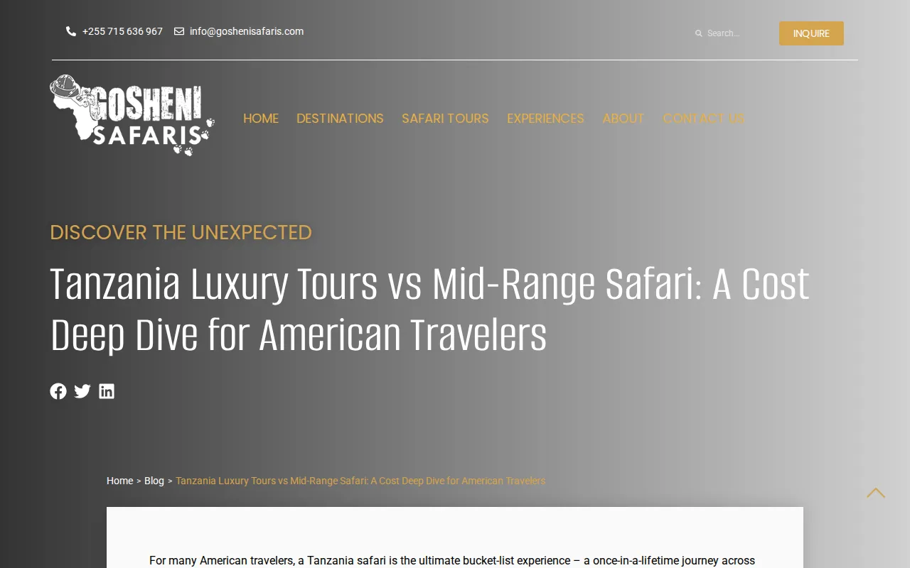Screenshot of the Gosheni Safaris website