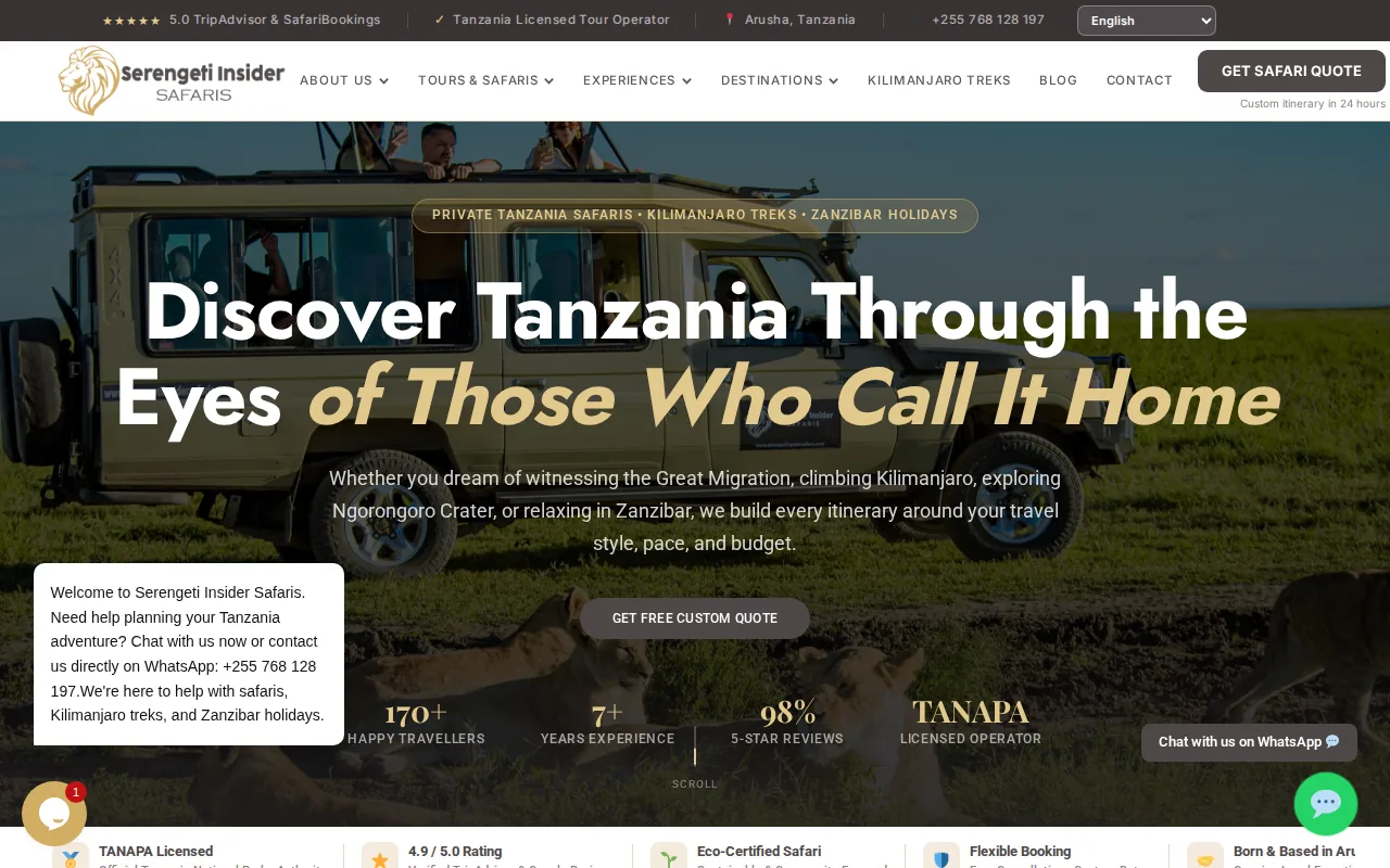 Screenshot of the Serengeti Insider Safaris website