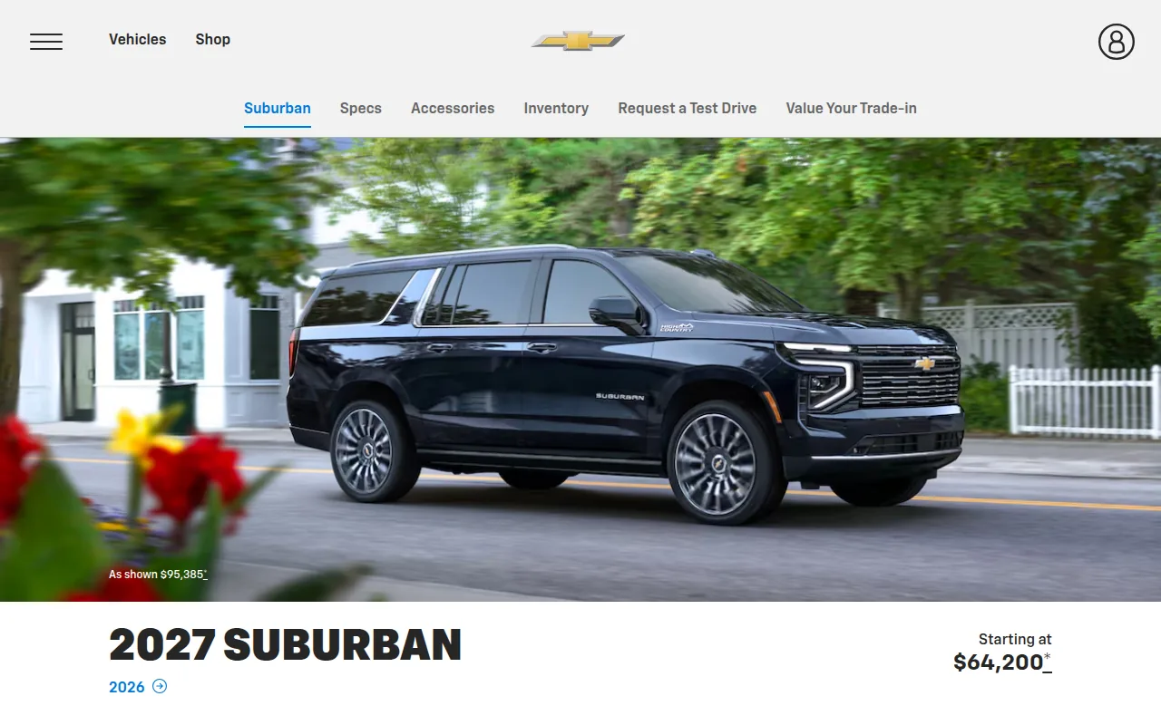 Screenshot of the Chevrolet Suburban SUV website