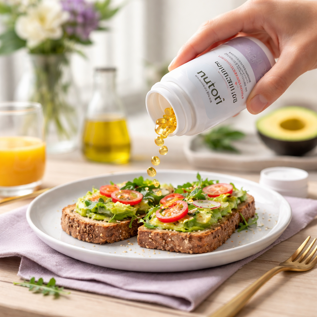 A realistic scene of a person pouring vitamin D capsules onto a plate of avocado toast, showing the link between fat intake and absorption. Alt: Vitamin D Einnahme mit gesunden Fetten