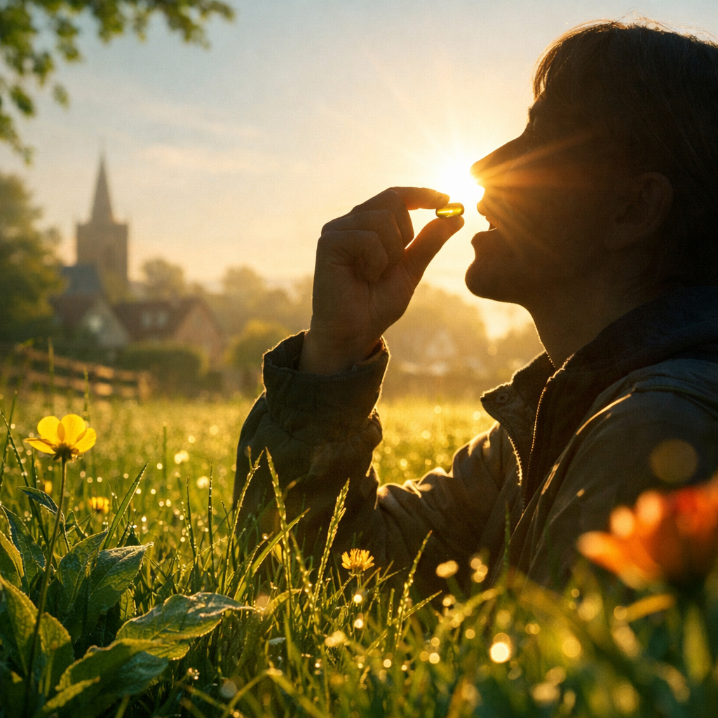 A realistic close‑up of sunlight on a meadow with a silhouette of a person taking a vitamin supplement, Alt: 