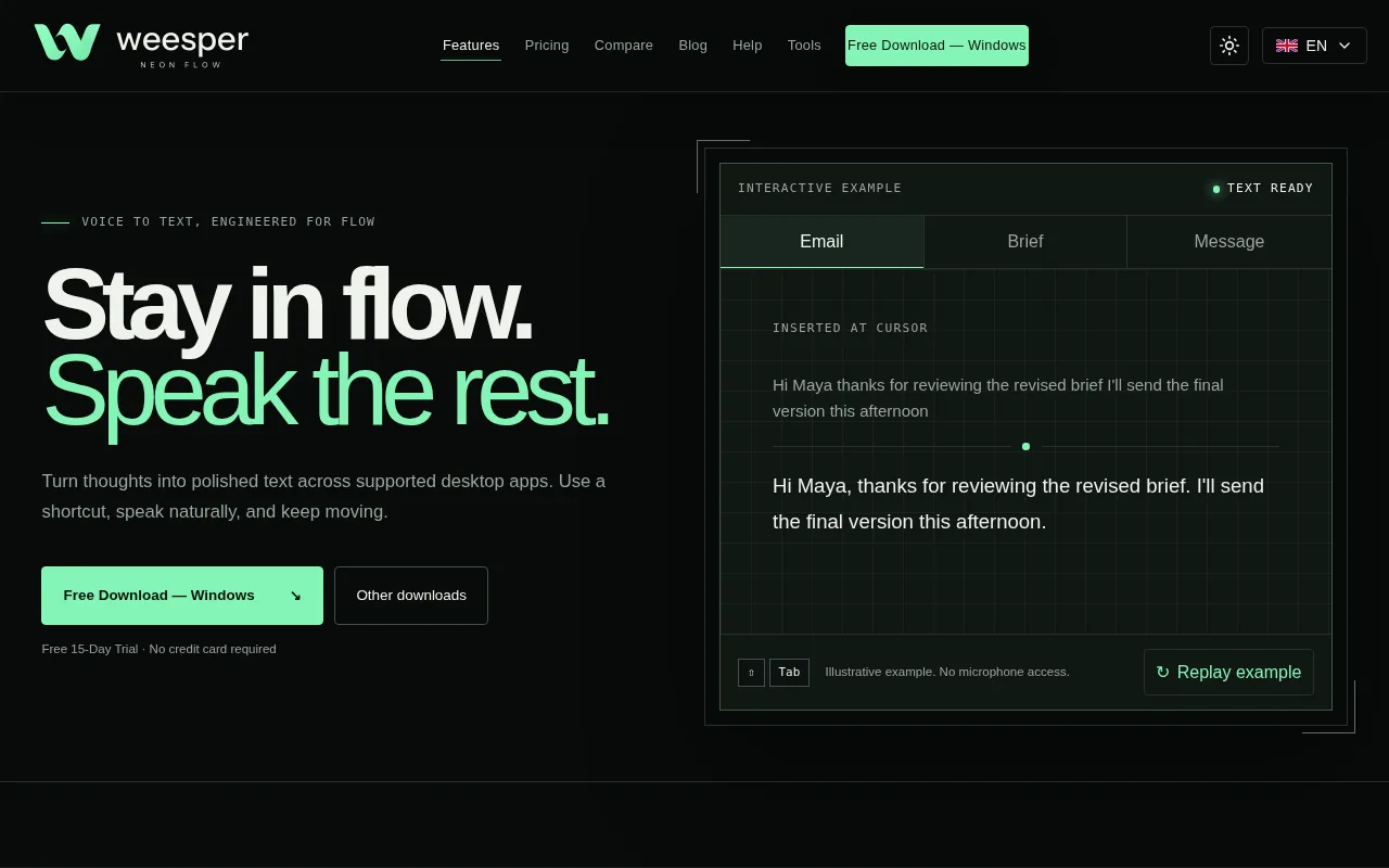 Screenshot of the Weesper Neon Flow website