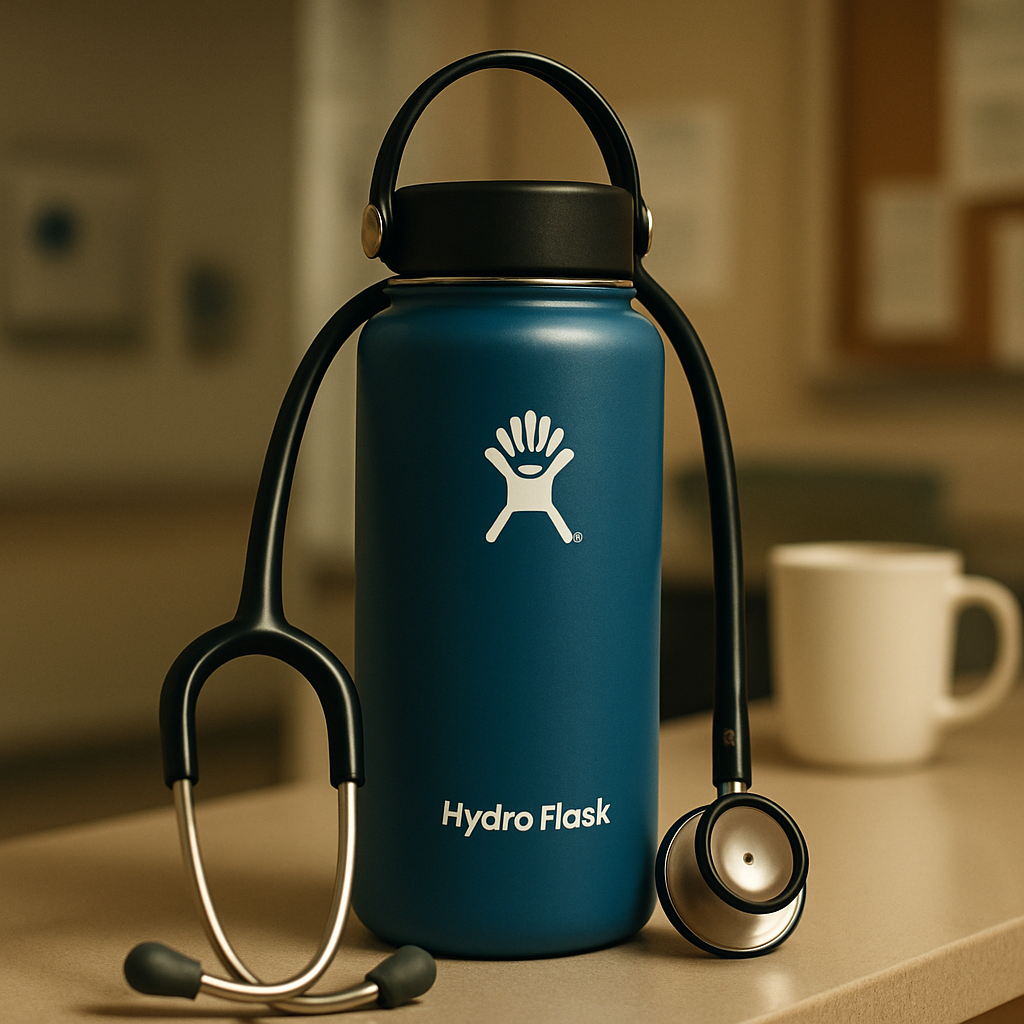 A close‑up of a Hydro Flask bottle on a nurse's station, with a stethoscope draped over the side and a coffee mug in the background. Alt: Hydro Flask insulated stainless steel water bottle for nurses, BPA‑free, leak‑proof, perfect for hospital shifts.