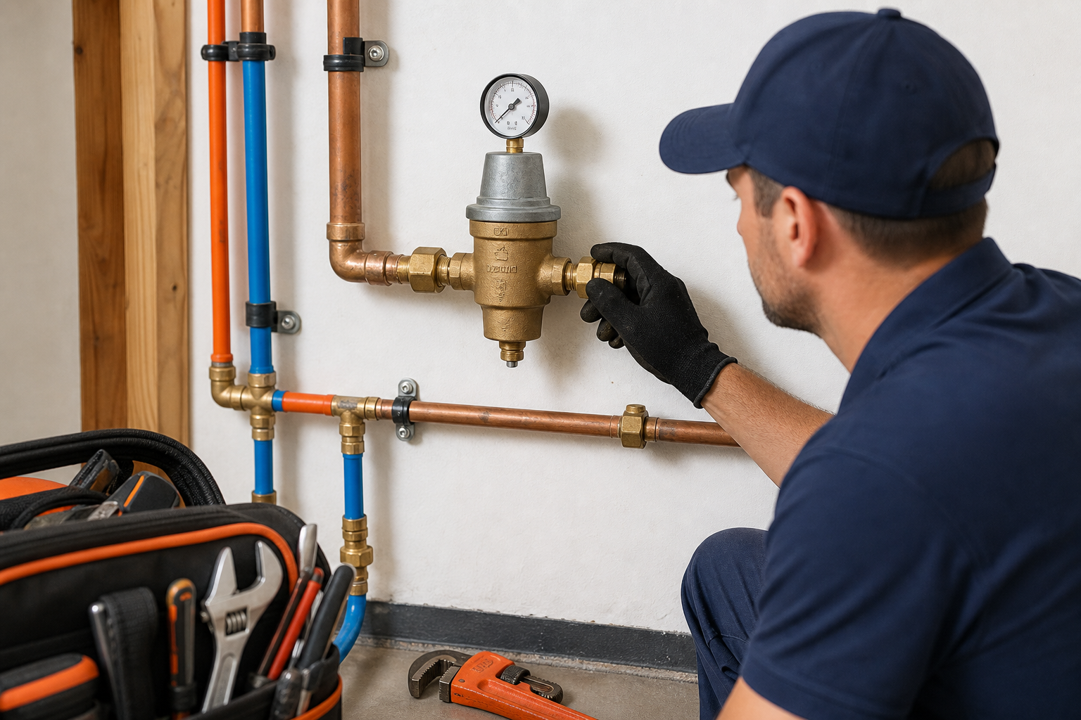 plumber inspecting a home water pressure regulator in Orange County