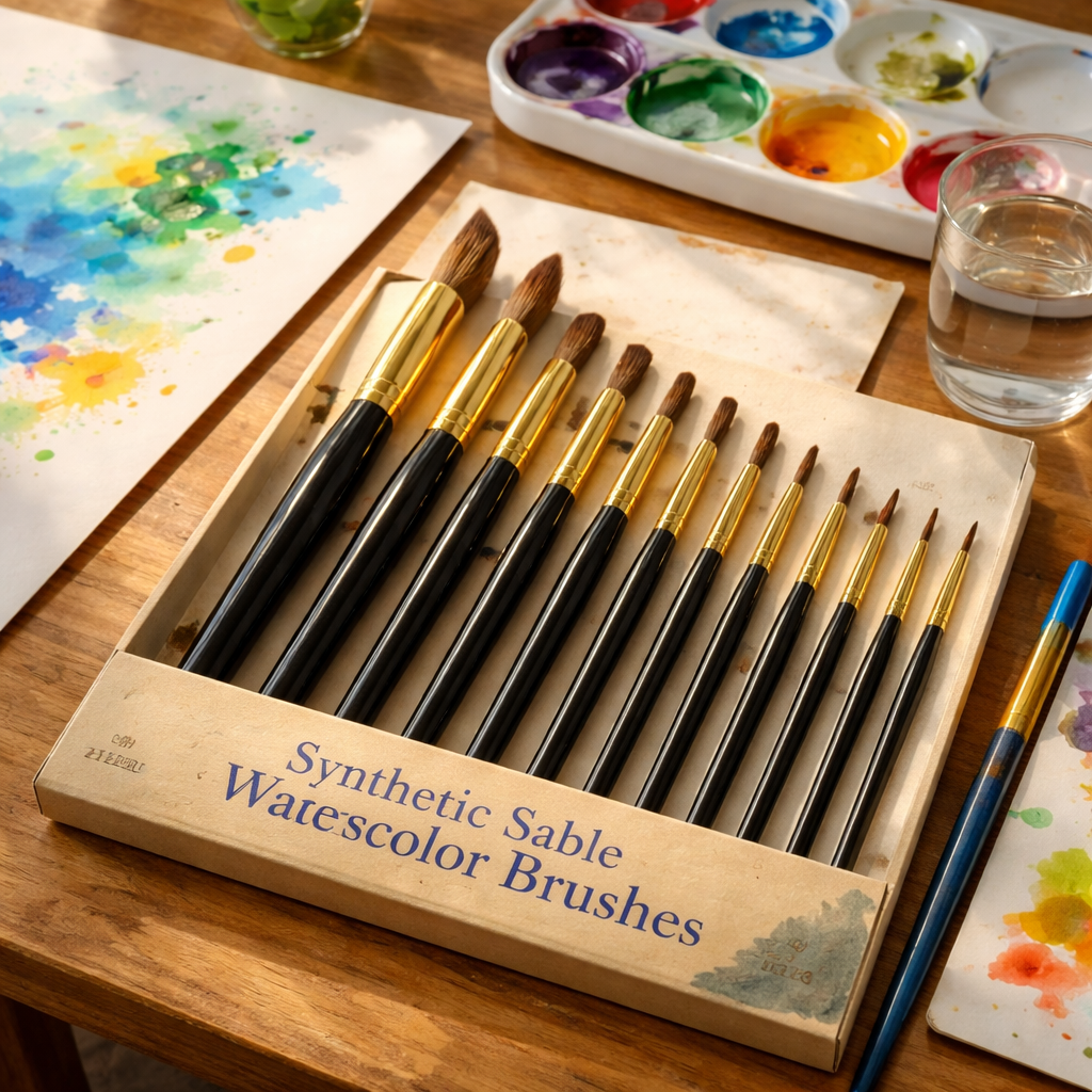 A photorealistic view of a synthetic sable watercolor brush set laid out on a wooden table with watercolor paper, a palette, and a cup of water, bright natural light, realistic style. Alt: Best watercolor brushes for beginners set on a work surface.