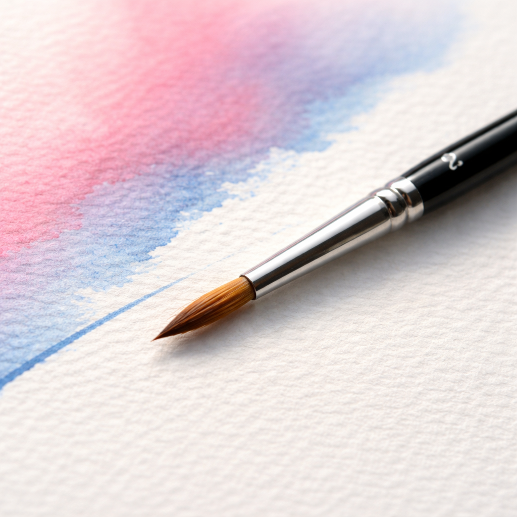 A photorealistic close‑up of a tiny round watercolor brush (size 2) laying on a sheet of cold‑pressed paper with a thin, crisp blue line drawn next to a soft pink wash. Light natural lighting highlights the bristles. Alt: Mini detail watercolor brush for beginners.