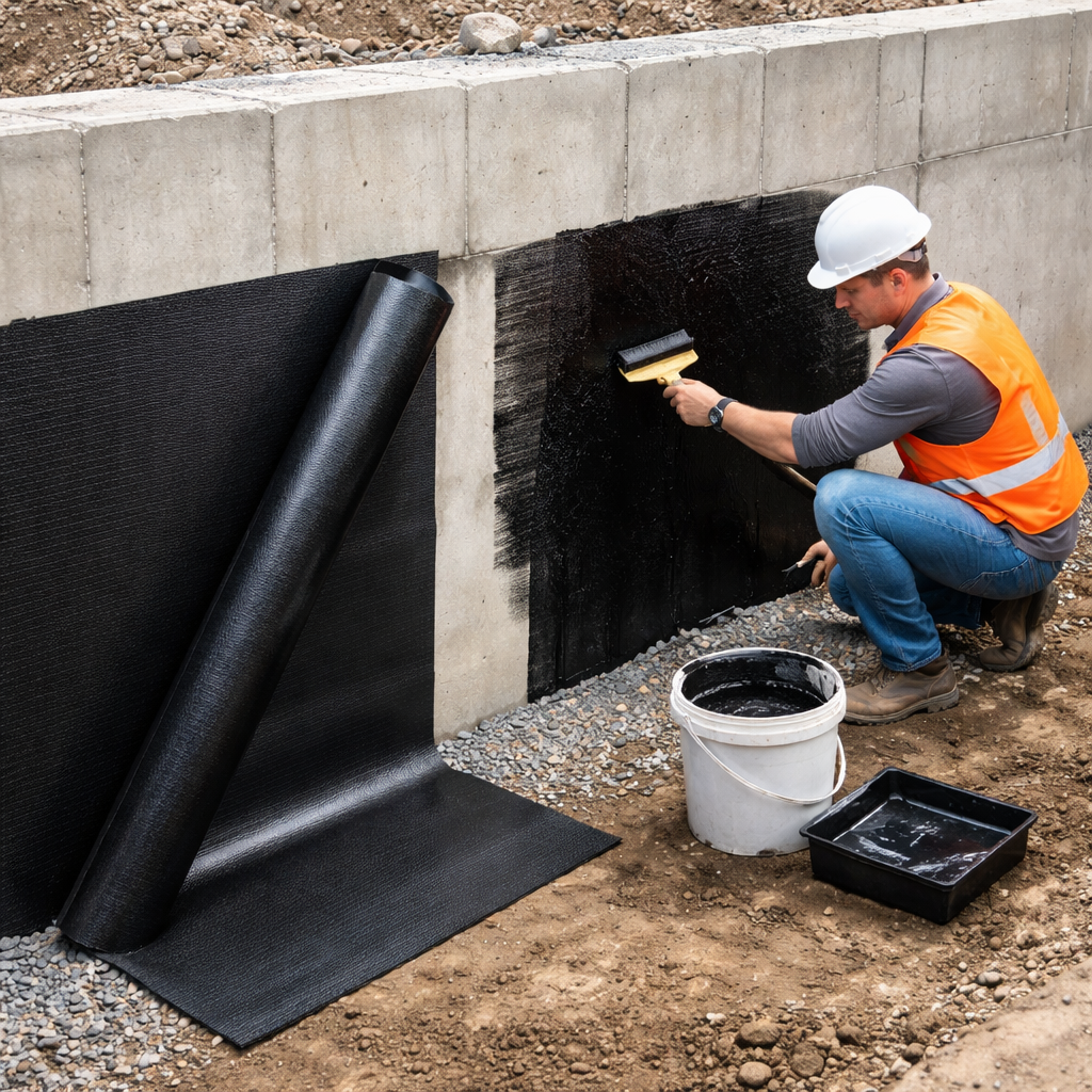 A photorealistic scene of a construction worker applying a waterproofing membrane to a foundation wall, showing both sheet and liquid options. Alt: Best waterproofing membrane for foundation walls
