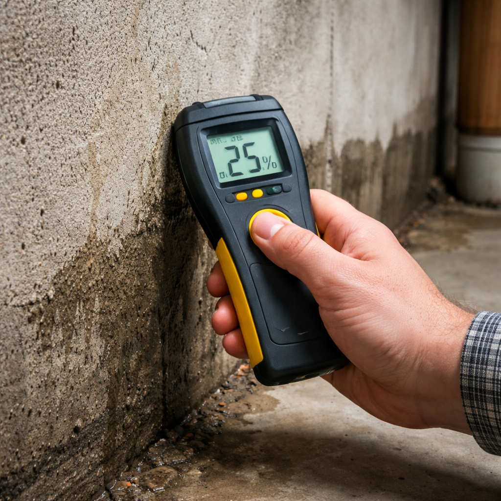 A photorealistic scene of a homeowner using a moisture meter on a basement wall, showing close‑up of the meter display and damp concrete. Alt: assessing foundation moisture risks for waterproofing.