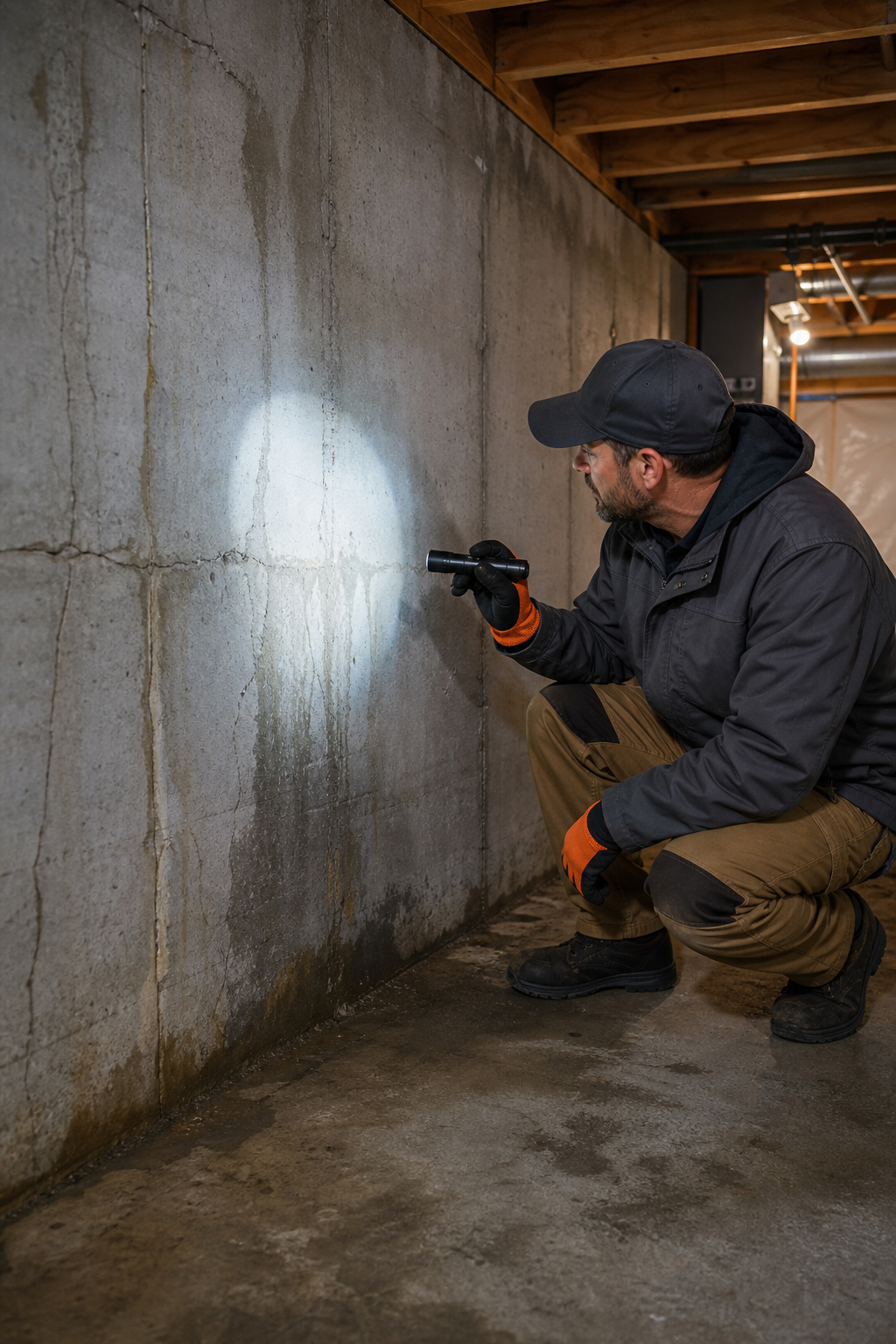 A photorealistic scene of a construction professional in work clothes examining a concrete basement wall with a flashlight, looking for cracks and moisture stains in a dimly lit unfinished basement. Alt: professional inspecting basement walls for moisture damage before applying waterproofing paint.