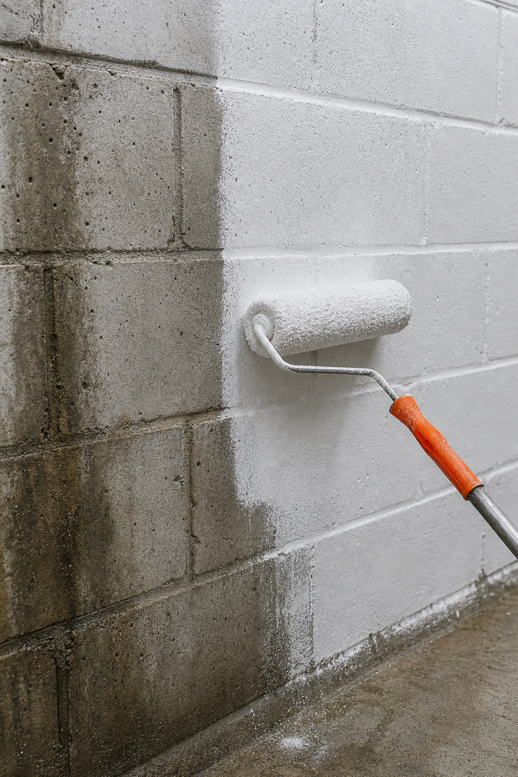 A photorealistic close-up of a bare concrete block basement wall with visible pores and minor moisture staining, with a paint roller applying thick white waterproofing coating to the surface. Alt: applying waterproofing paint to concrete block basement wall.
