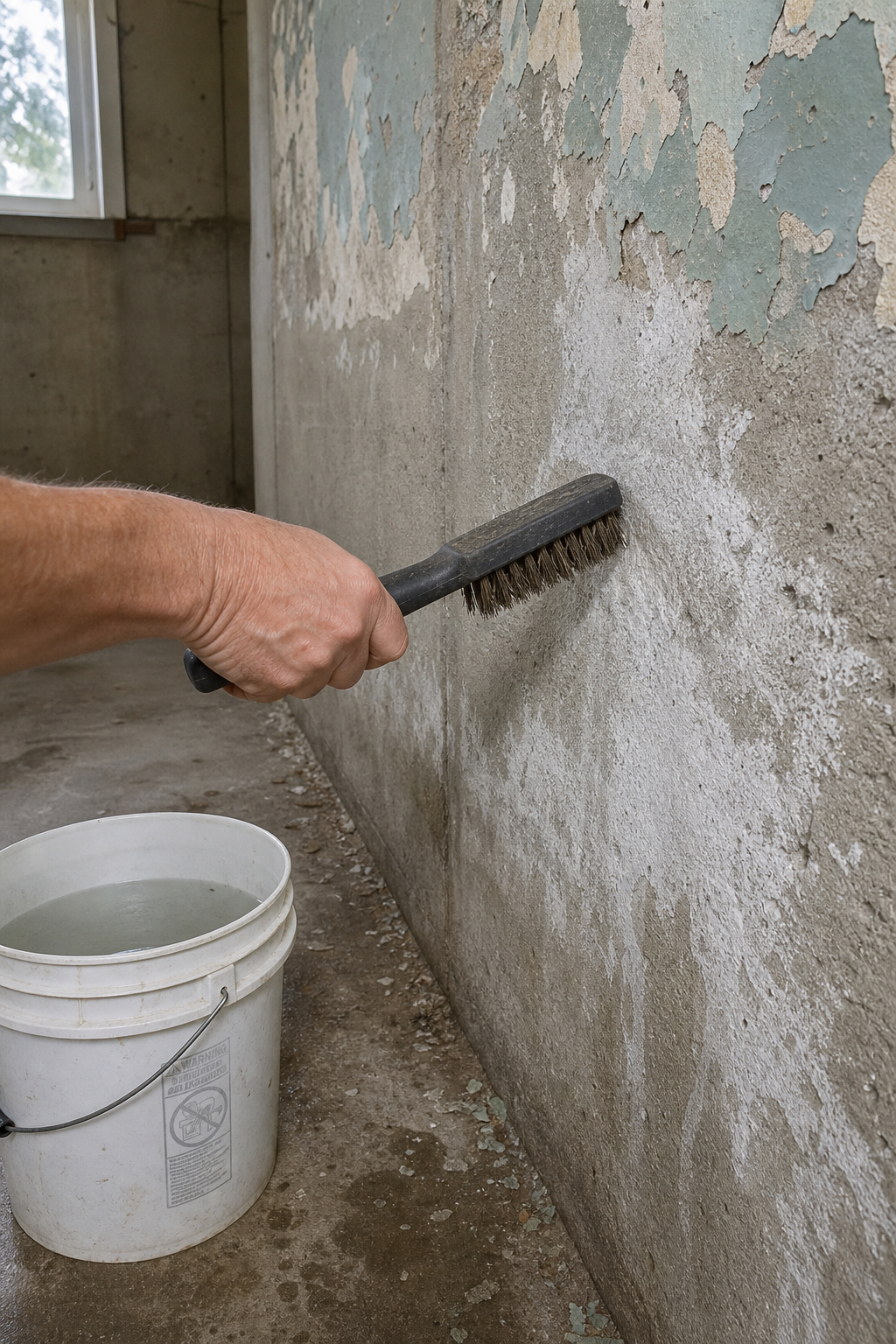 A hand holding a stiff wire brush scraping a concrete basement wall, with a bucket of water nearby. The wall shows signs of efflorescence and old peeling paint. Natural lighting from a window. Alt: Preparing concrete basement wall by wire brushing to remove debris before applying waterproofing sealant.