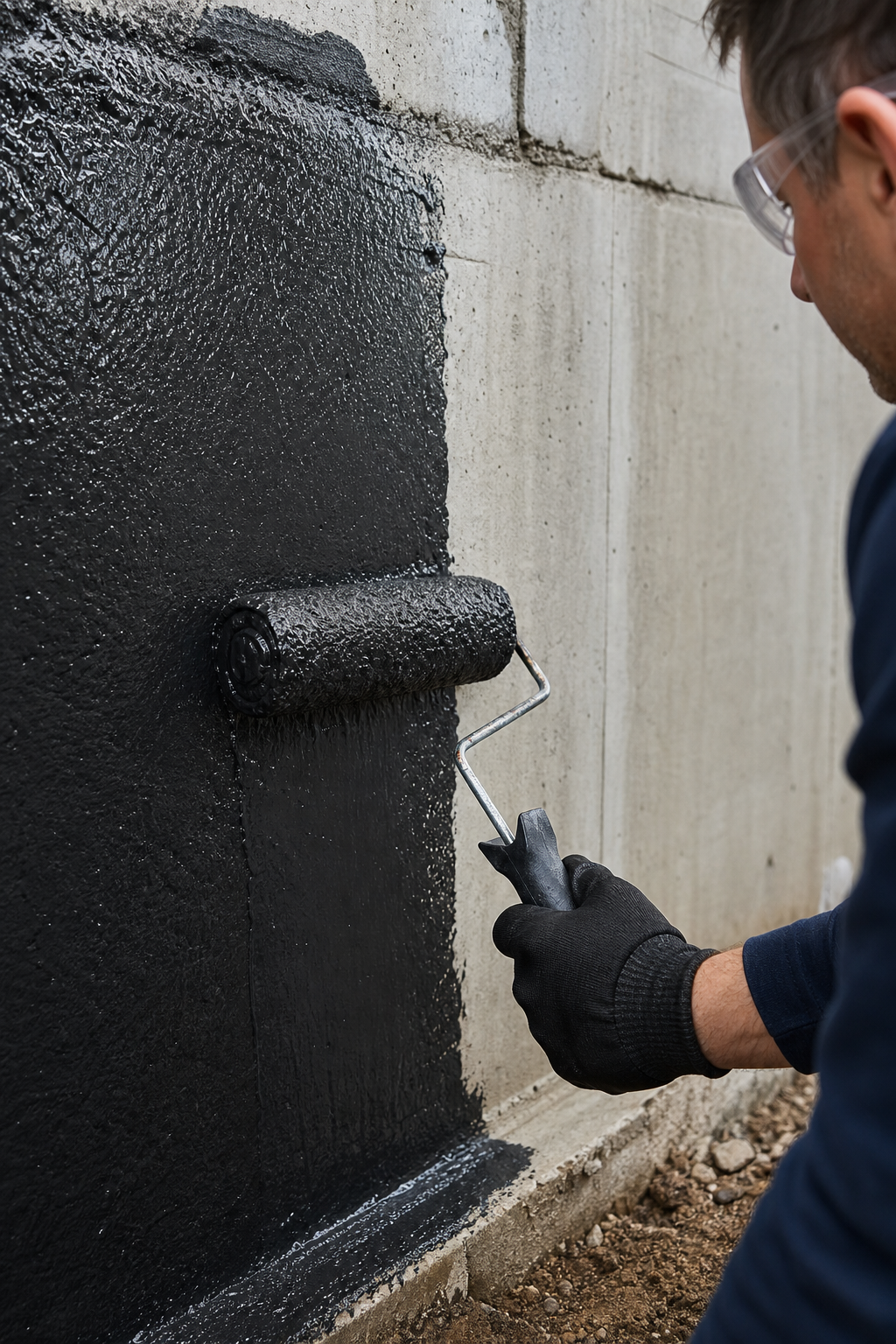 A close-up of a roller applying thick black rubberized sealant on a concrete basement wall, showing even coverage and a wet edge. Worker wearing gloves and safety glasses. Alt: Applying thick waterproofing sealant to basement wall with roller to prevent moisture intrusion.