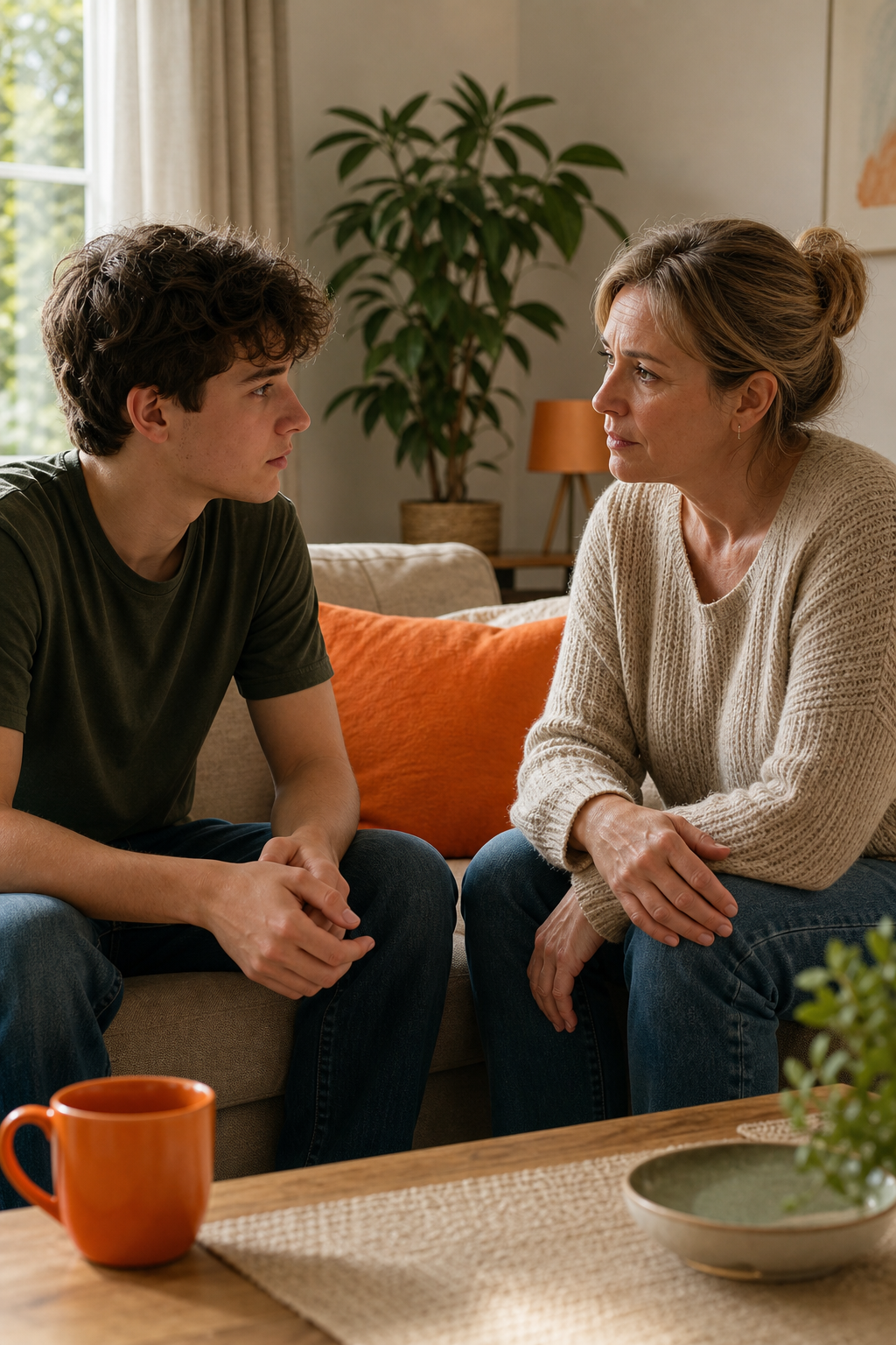 A calm living room during daylight, two people sitting on a couch facing each other with concerned but gentle expressions. Alt: Choosing the right time and place to talk about cocaine use.