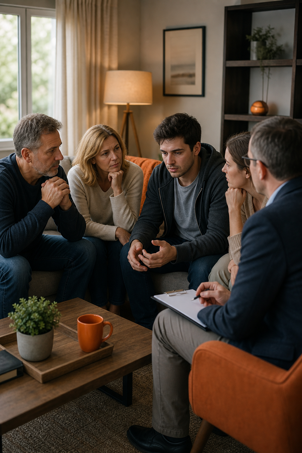 A family meeting in a living room with a counselor present, concerned faces but supportive atmosphere. Alt: Formal intervention for cocaine addiction with professional guidance.