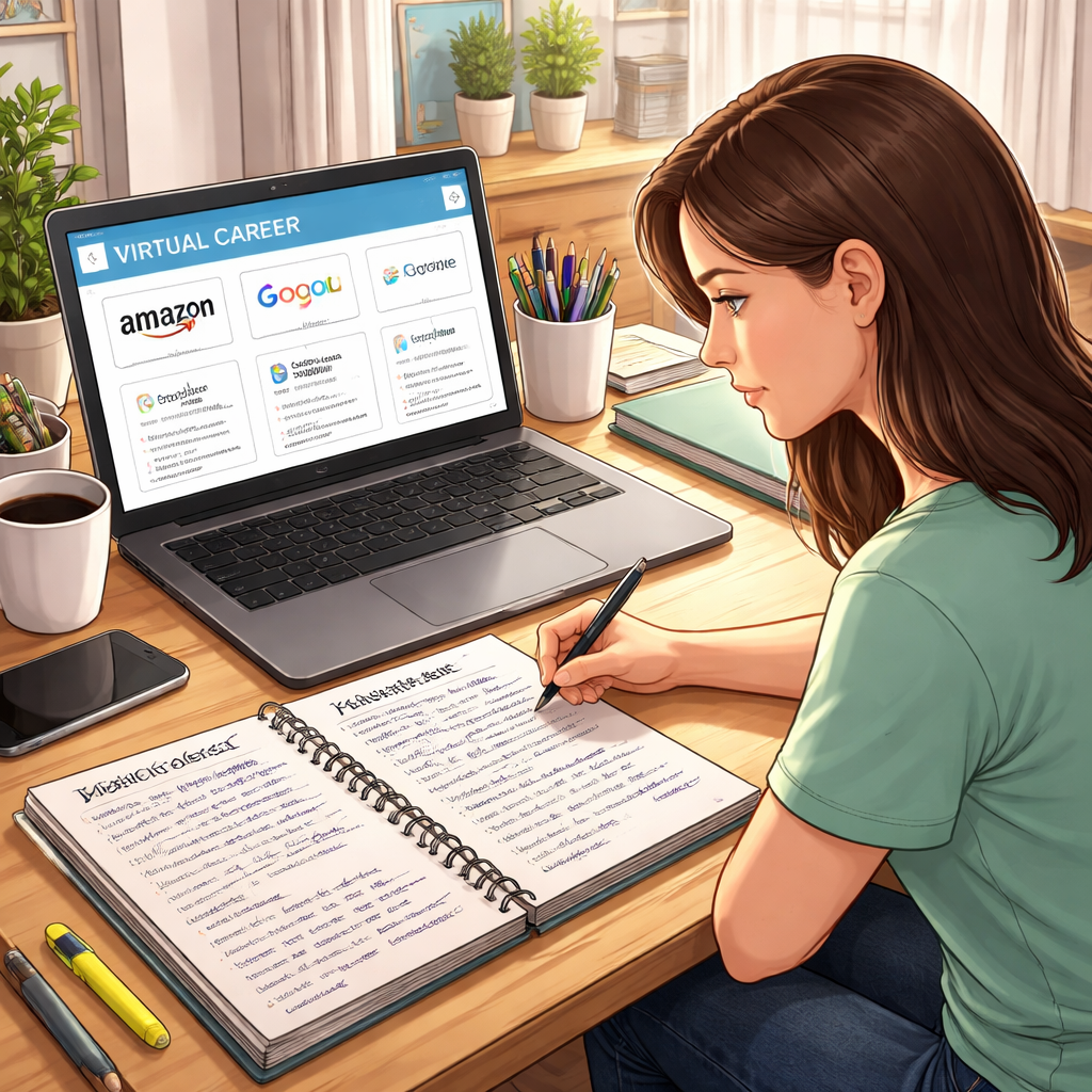 A realistic illustration of a student at a desk with a laptop, a tidy background, and a notebook filled with company research notes. Alt: student researching virtual career fair companies.
