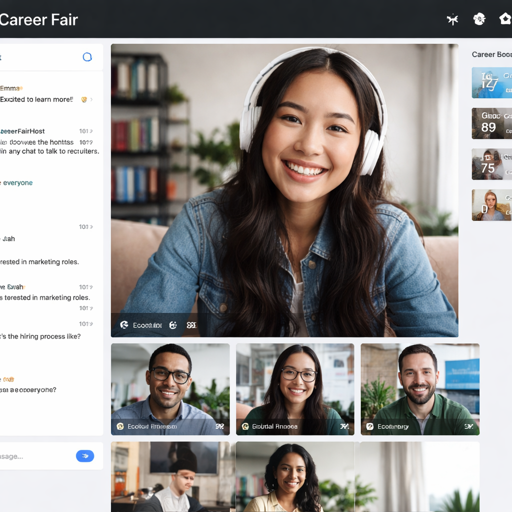 A realistic scene of a virtual career fair interface, showing multiple video chat windows, a chat sidebar, and a student smiling at the camera. Alt: virtual career fair engagement view.