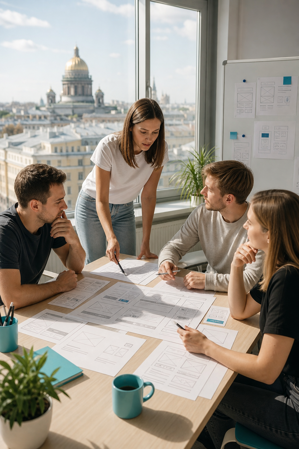 A realistic office scene in St. Petersburg showing a collaborative web design team discussing wireframes, with sunlight through large windows. Alt: collaborative web design agency office