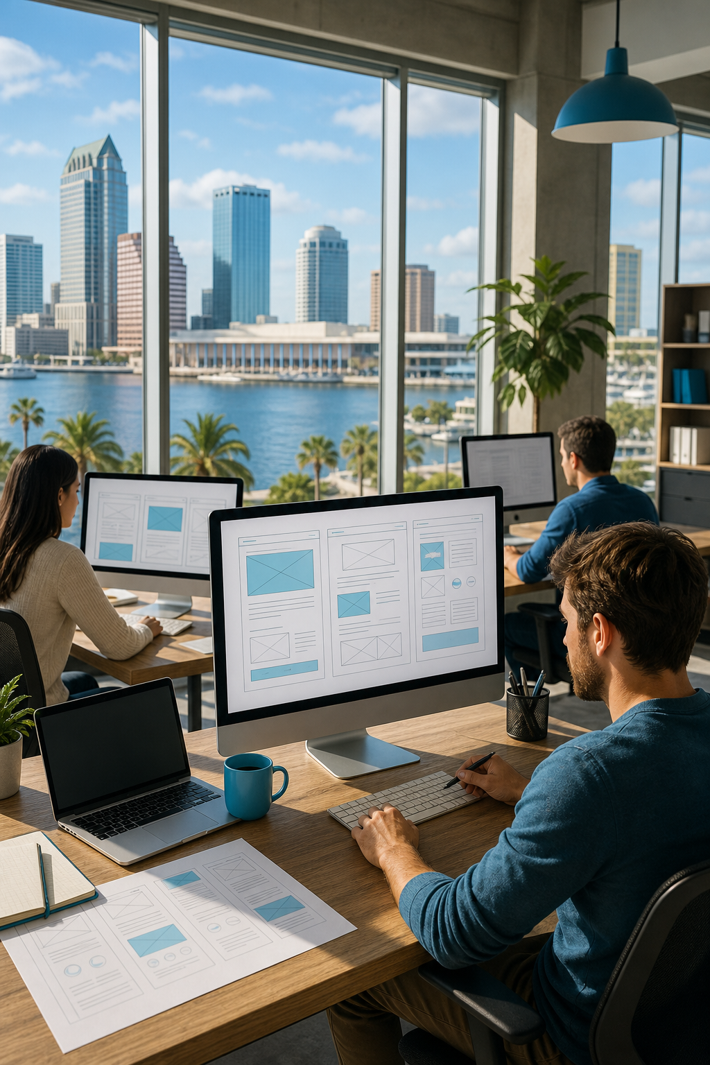 A sun‑lit waterfront office with designers sketching site wireframes on large screens, showing a Tampa Bay vibe. Alt: Tampa Bay web design studio