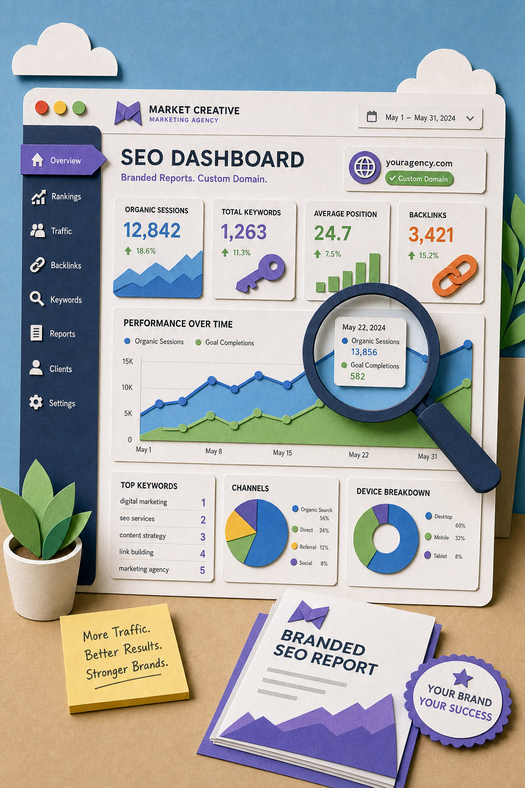 A papercraft-style illustration of a marketing agency dashboard with colorful charts and graphs, with a magnifying glass hovering over a data point. Alt: White label SEO dashboard with branded reports and custom domain.