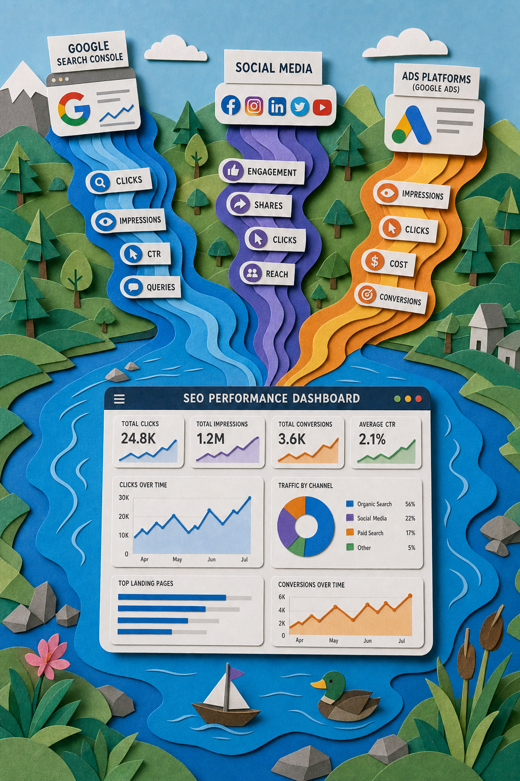 A papercraft-style illustration of multiple data sources flowing into a single dashboard with colorful charts, like rivers merging into a lake. Alt: Multi-platform SEO dashboard with data from Google, social media, and ads.