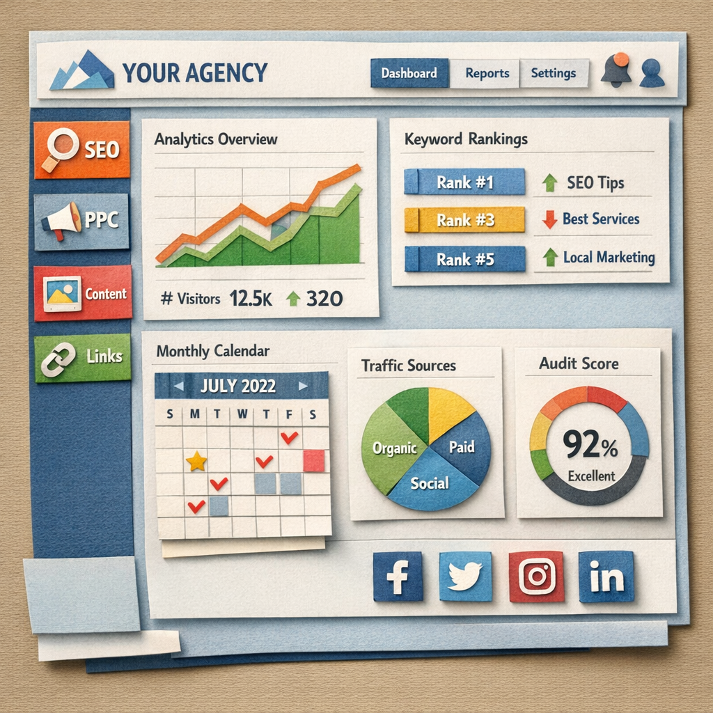 A Papercraft style illustration of a sleek dashboard with agency branding, showing charts, calendar, and social icons. Alt: white label SEO dashboard for agencies