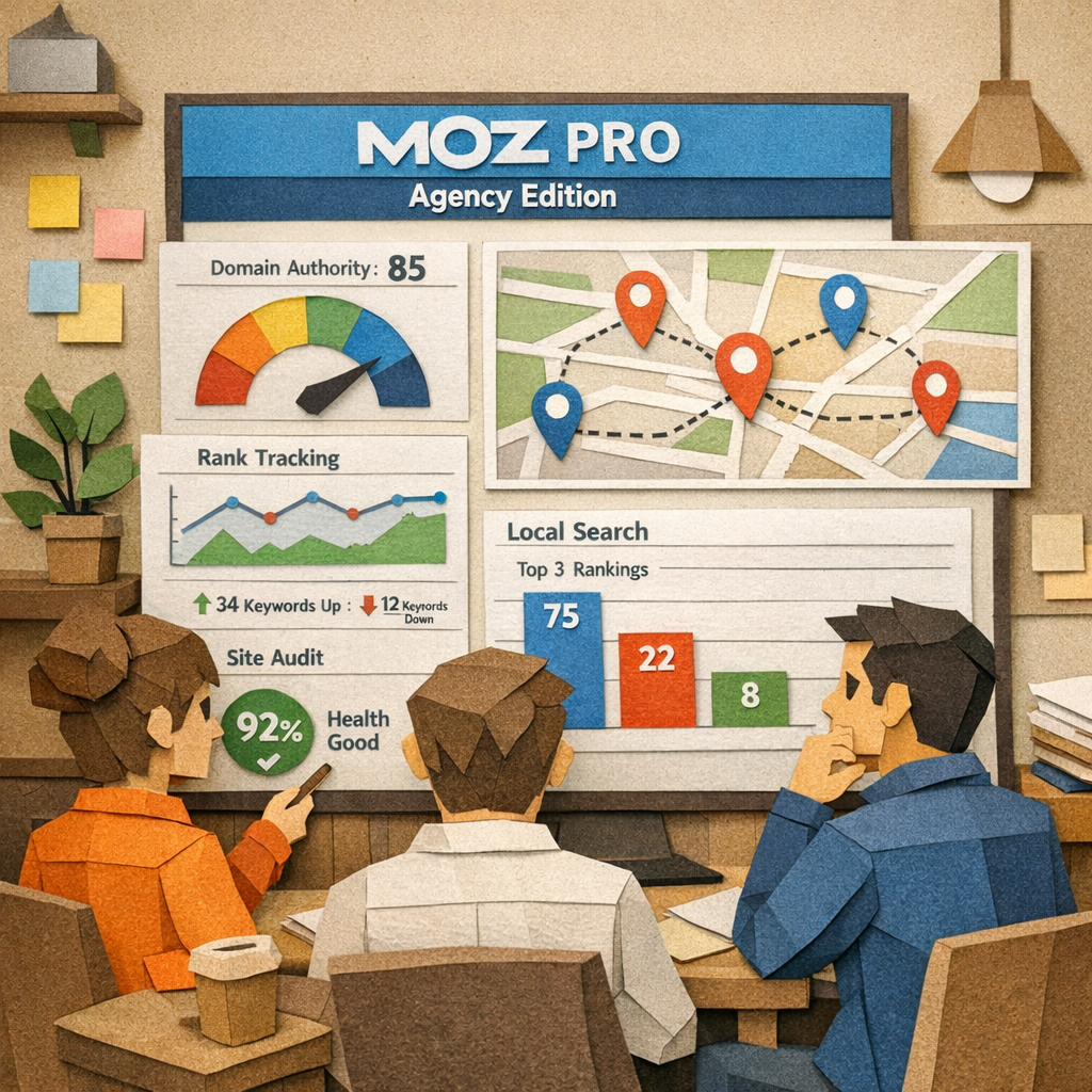 A Papercraft style scene of an agency team looking at a large screen filled with Moz rank charts and local map pins. Alt: Moz Pro Agency Edition dashboard for agencies