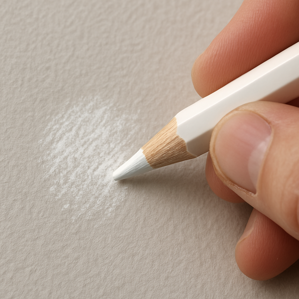 A close‑up of a hand holding a hard‑grade white pencil with a triangular barrel, sketching a bright highlight on a textured Indian drawing paper. Alt: best white pencil for drawing highlights on textured paper.