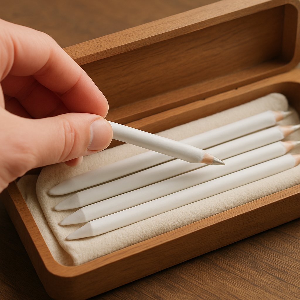 A hand placing white pencils in a wooden pencil case with a soft cloth, showing organized storage for highlight tools. Alt: best white pencil for drawing highlights storage tips.