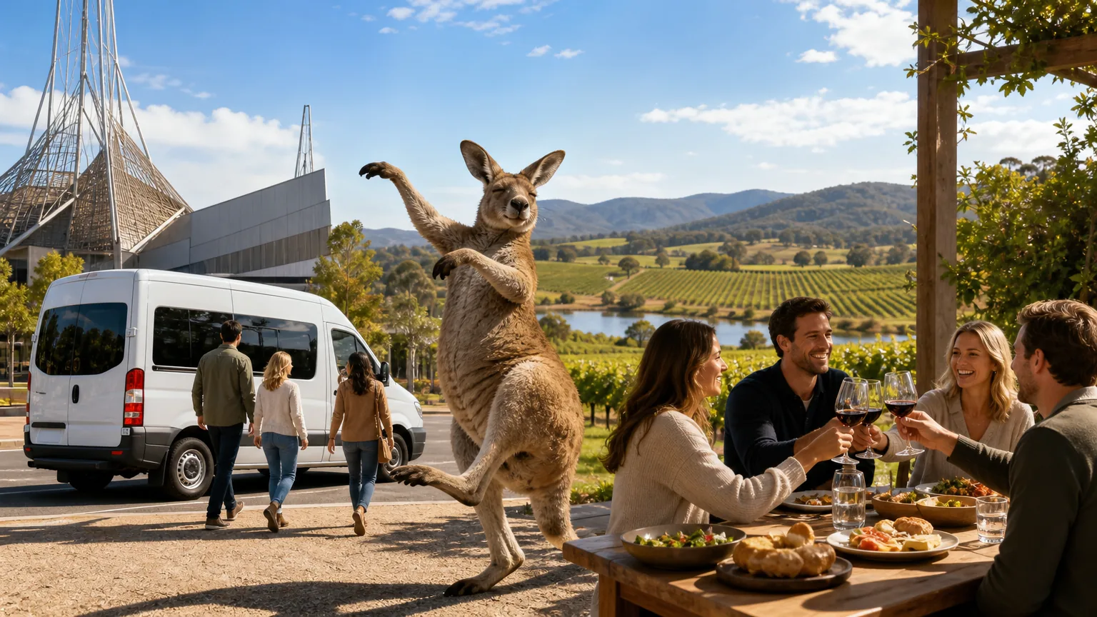 Dancing Kangaroo: visual reference for 3. Dancing Kangaroo, Arts Centre pickup, fixed itinerary, includes lunch
