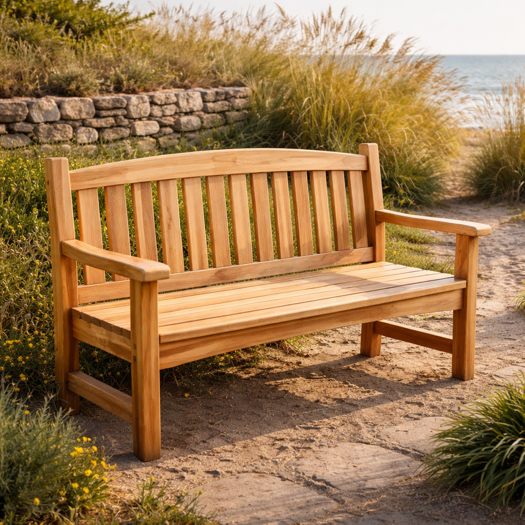 A photorealistic scene of a wooden garden bench made of white cedar on a coastal Nova Scotia garden, early morning light, showing the wood’s natural grain and subtle gray patina, realistic style. Alt: Best wood for outdoor garden bench showing weather‑worn cedar bench in a Maritime garden.