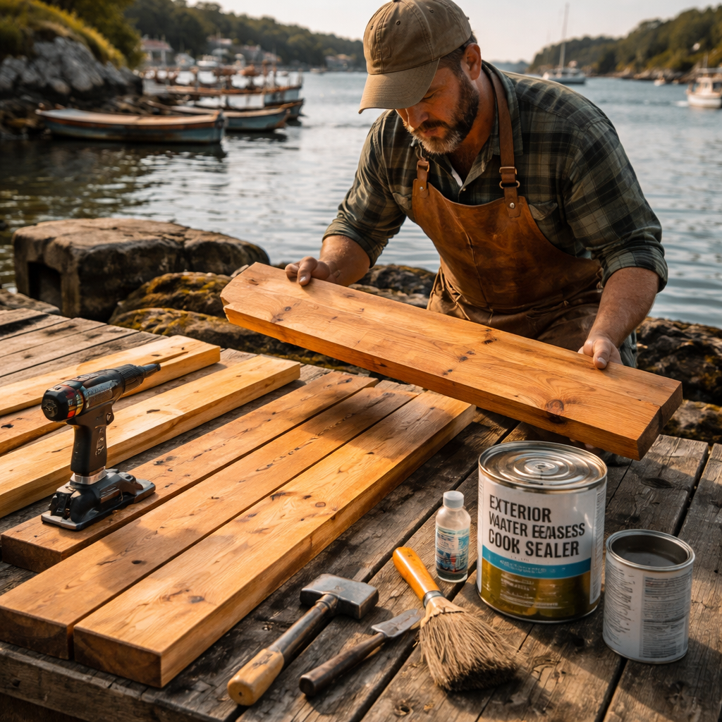 A photorealistic scene of a wooden garden bench made of white cedar standing on a coastal Nova Scotia garden patio, early morning light highlighting the grain, with a subtle hint of sea mist. Alt: Best wood for outdoor garden bench showing white cedar bench in a Maritime garden.