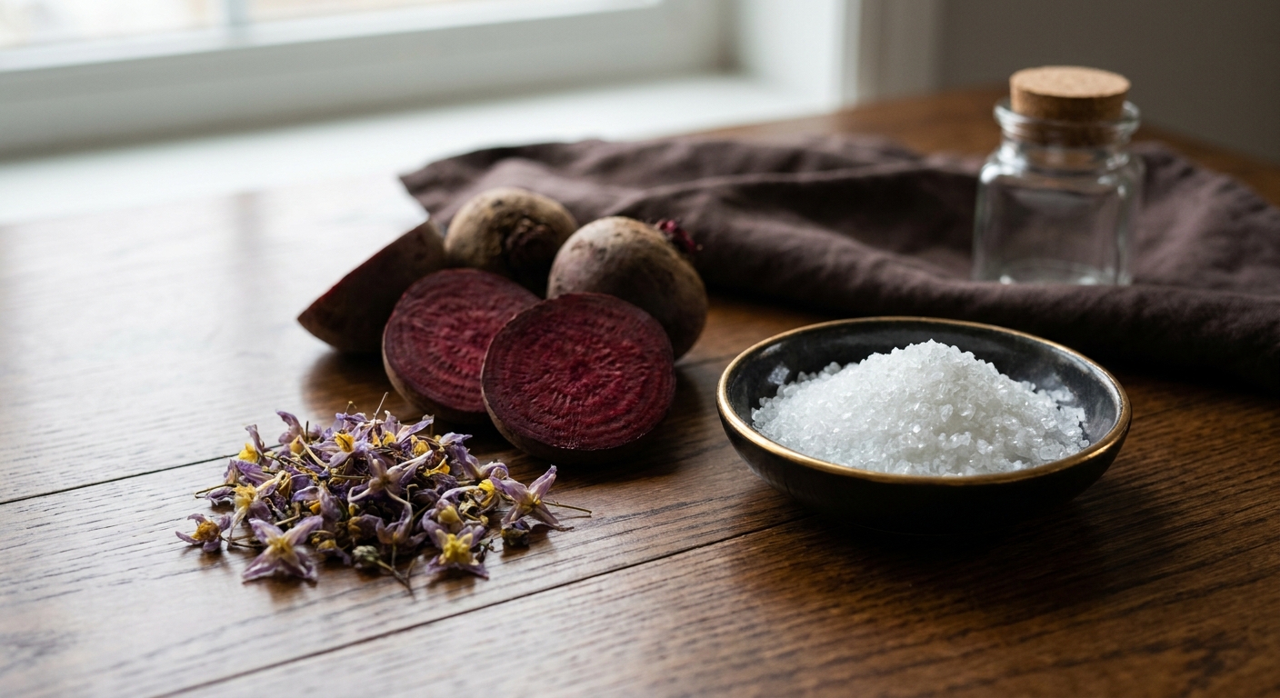A realistic close‑up of natural supplement ingredients like beetroot, horned goat weed flowers, and L‑arginine crystals on a wooden tabletop, soft natural lighting, photorealistic style
