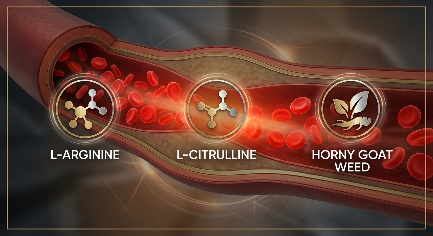 A photorealistic illustration of blood vessels dilating with bright red flow, overlaid with icons of L‑Arginine, L‑Citrulline, and Horny Goat Weed, in a clean infographic style