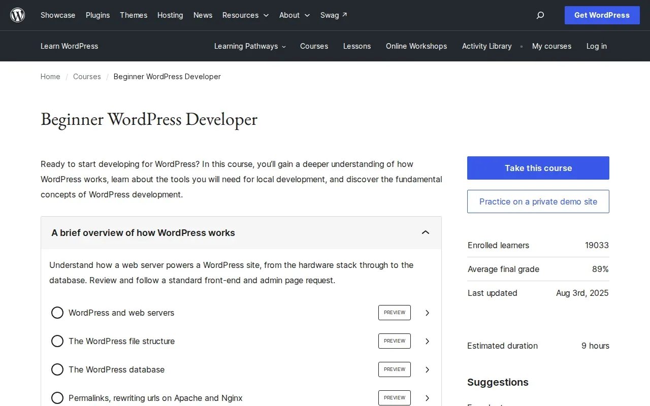 Screenshot of the Beginner WordPress Developer (by WordPress.org) website