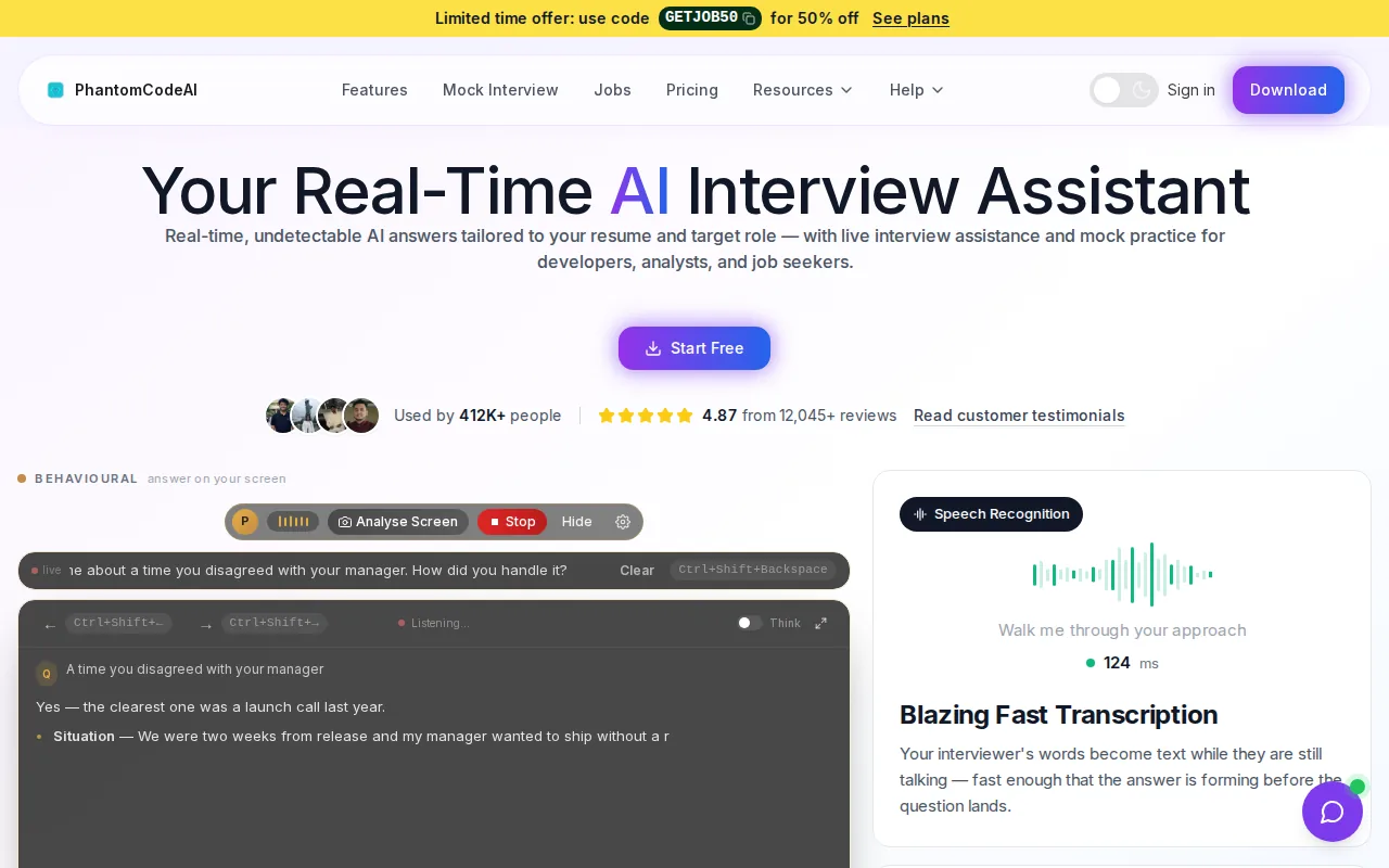 Screenshot of the Phantom Code AI website
