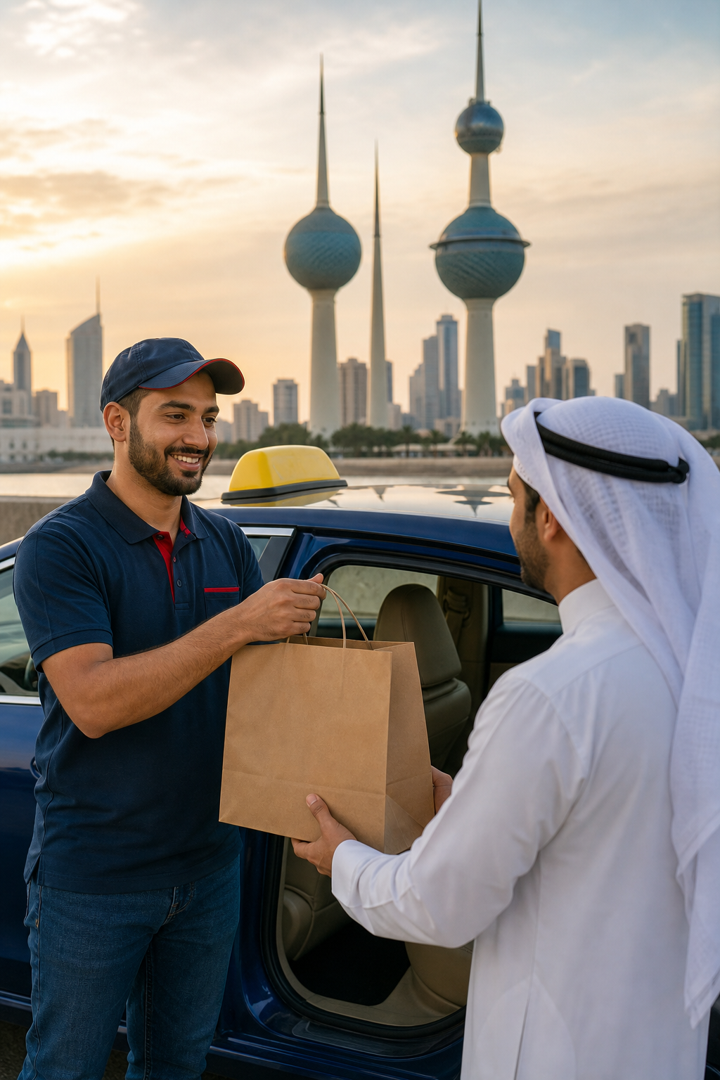 A photorealistic image related to best-تاكسي-لتوصيل-الطعام-من-المطاعم-في-الكويت-5-خيارات. Alt: best-تاكسي-لتوصيل-الطعام-من-المطاعم-في-الكويت-5-خيارات