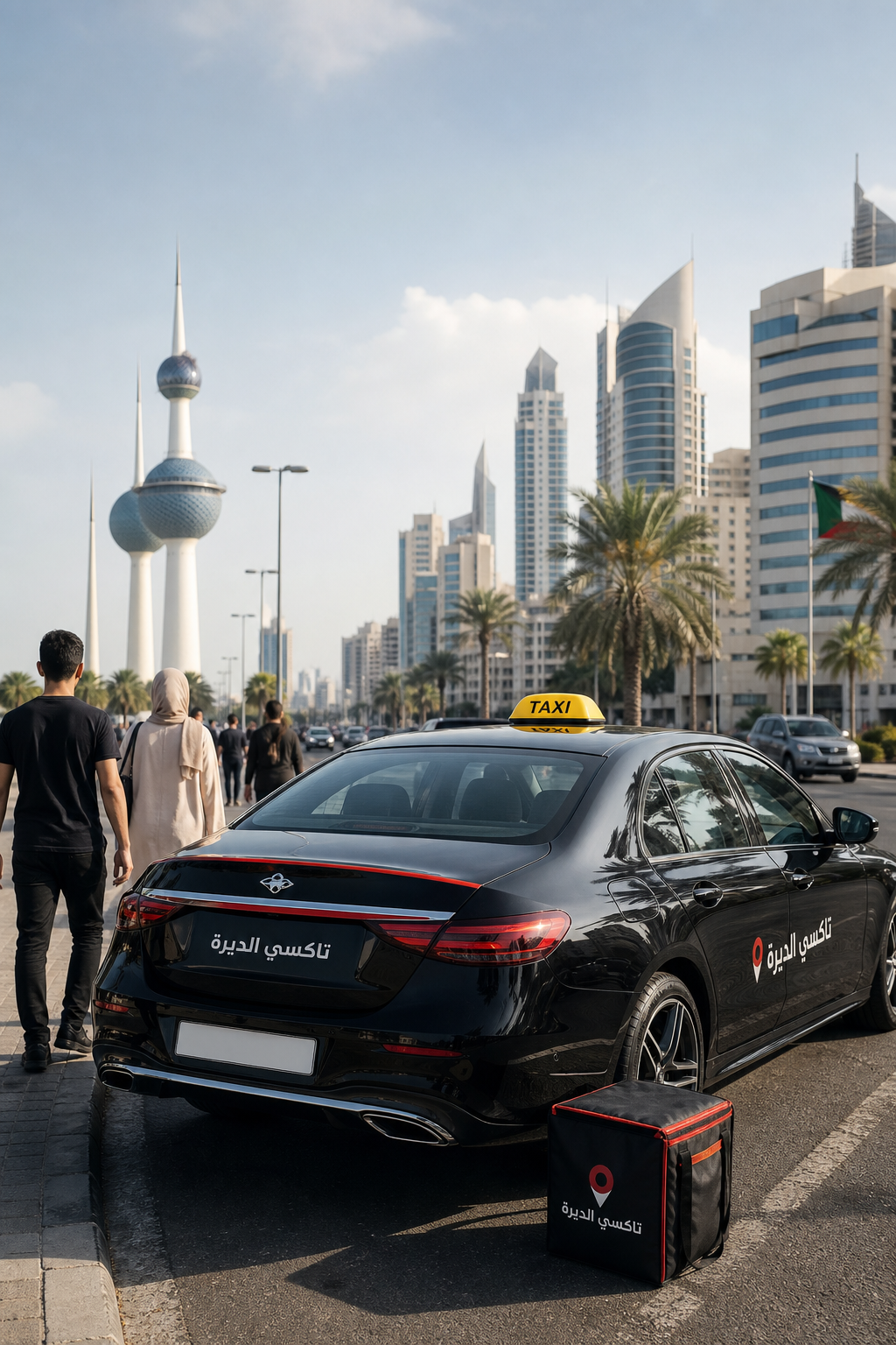 A realistic city street in Kuwait with a sleek black luxury taxi carrying a sealed food delivery box, passengers walking nearby, bright daylight. Alt: سيف تاكسي توصيل طعام في الكويت