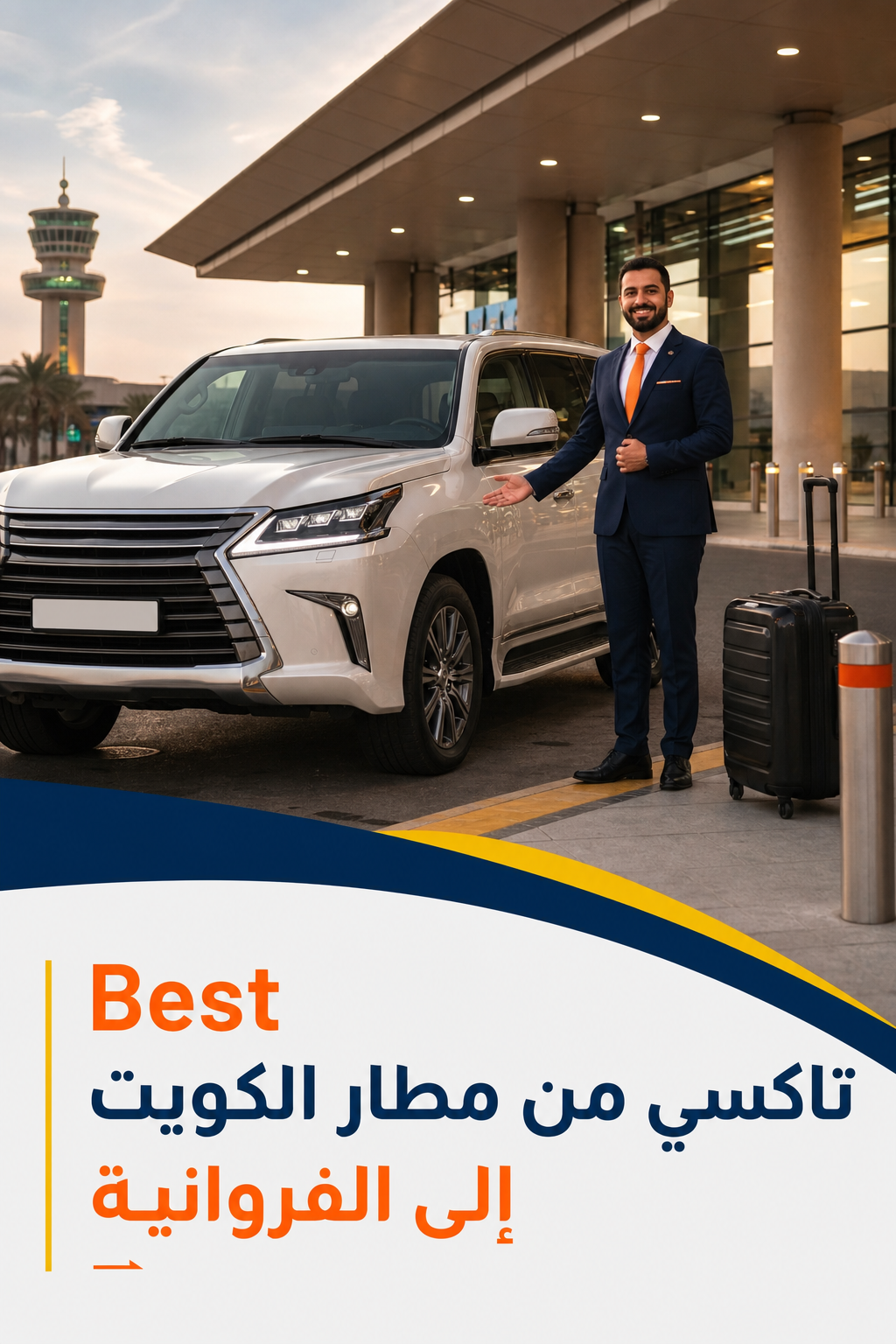 A photorealistic image of a luxury taxi pickup at the airport, showing a clean SUV, welcoming driver, and airport corridor backdrop. Alt: تاكسي رفاهية وصول فخم من المطار إلى وجهتك.