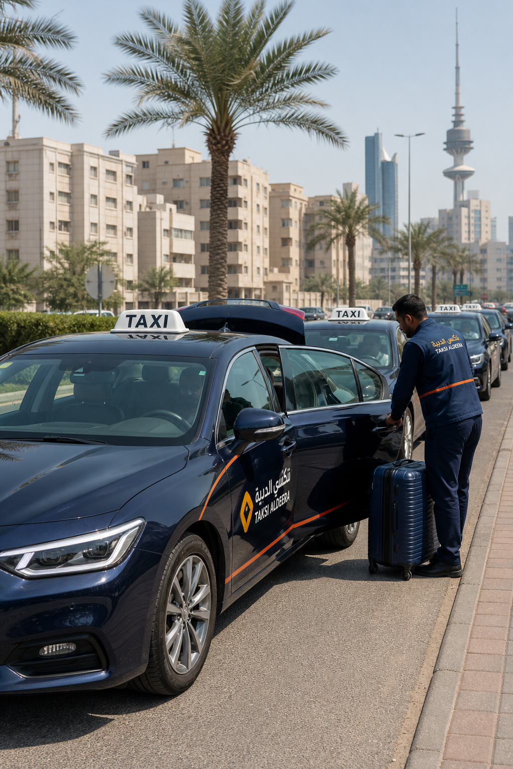 A realistic street scene of taxis lined up in Kuwait City suburbs, with clear branding and a driver helping with luggage. Alt: مزود تغطية شاملة يغطي المناطق الكويتية بسلاسة.