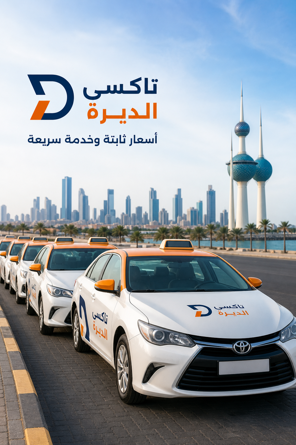 A clean, modern taxi lineup in Kuwait city with signage in orange branding. Alt: تاكسي الديرة, أسعار ثابتة وخدمة سريعة.