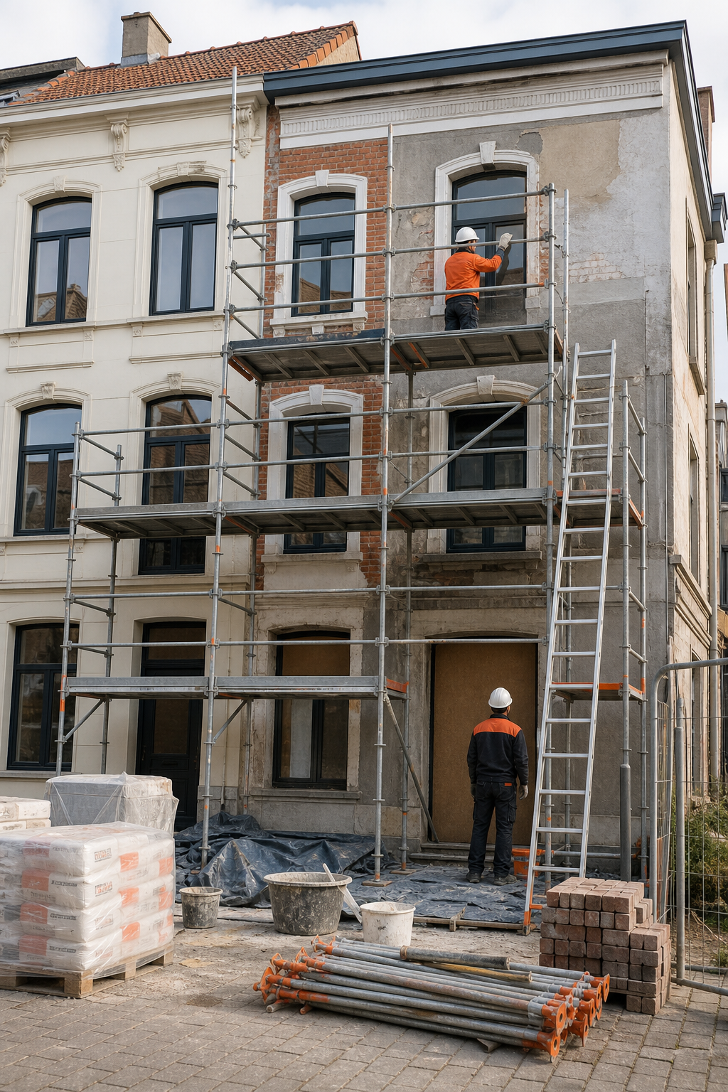 A photorealistic exterior of a Belgian townhouse under renovation with scaffolding and workers in safety gear. Alt: Renovation contractor working on a Belgian house facade.
