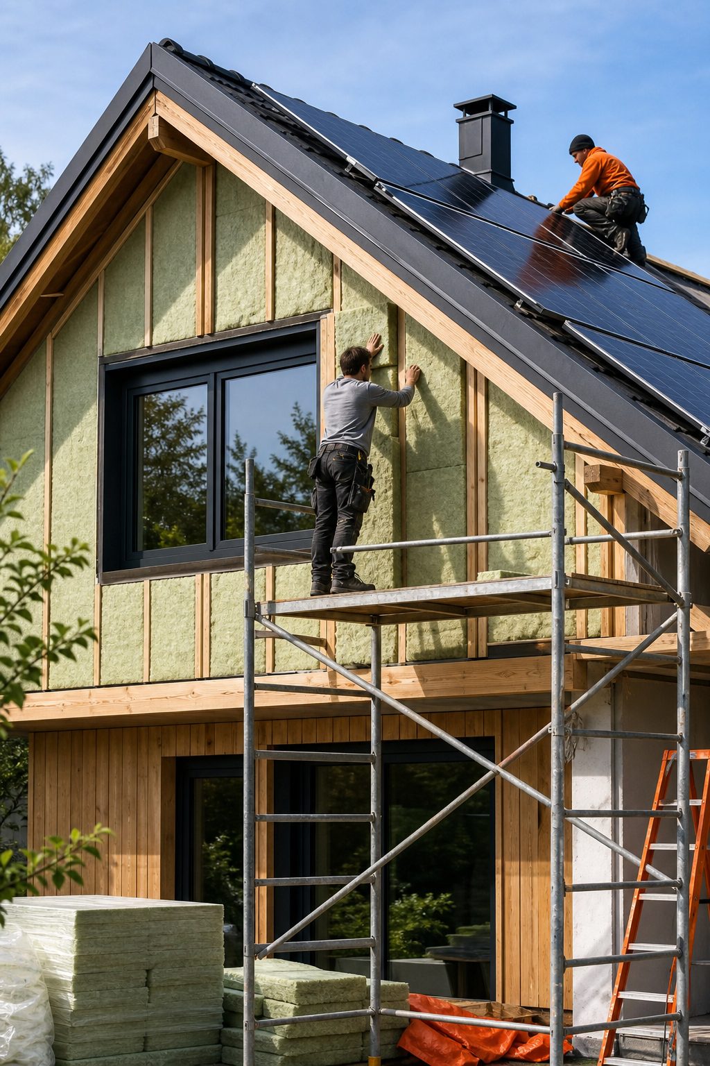 A photorealistic shot of a modern home with solar panels and green insulation being installed by workers. Alt: Energy-efficient renovation with solar panels and insulation.