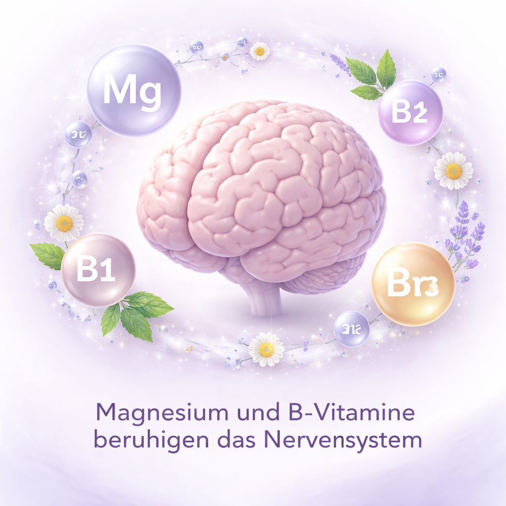 A realistic illustration of a calm brain with magnesium molecules and B‑vitamin icons surrounding it, soft colors, alt: Magnesium und B‑Vitamine beruhigen das Nervensystem