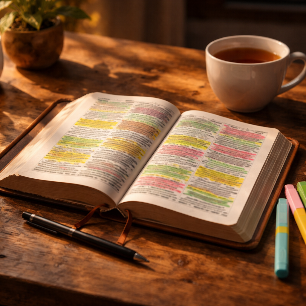 A cinematic, photorealistic scene of an open Bible on a wooden table, with colourful highlighter strokes highlighting verses, a soft warm light casting gentle shadows, a cup of tea nearby, and a serene, contemplative atmosphere. Alt: Bible journaling ideas for beginners with simple verse highlighting using color codes.